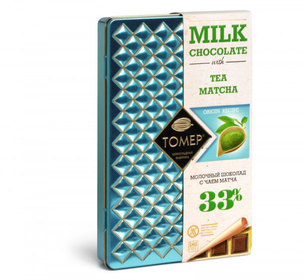 №1 Фабрика Томер металлический бокс Молочный шоколад с чаем МАТЧА ,33%  90г в Аксае